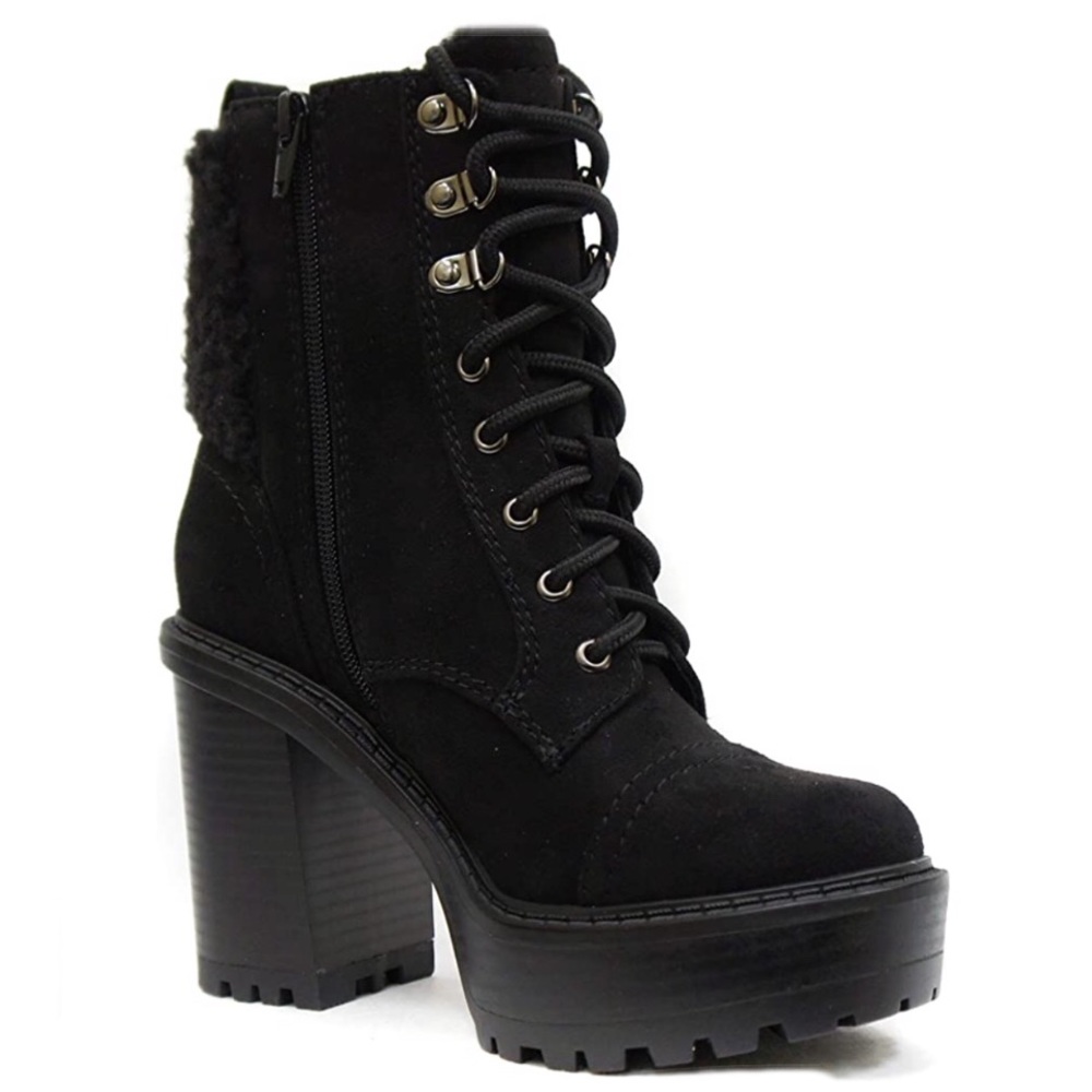 New Women’s Soda Chunky Heel Ankle Boot Lace Black - Picture 2 of 5